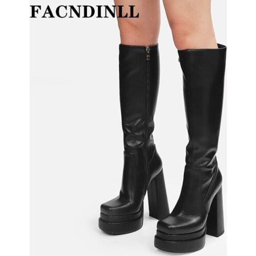 Fashion Slim Long Boots Shoes Woman Black Zipper Square Toe Thick High Heels Platform Knee High Boots 2021 Winter Newest Boots