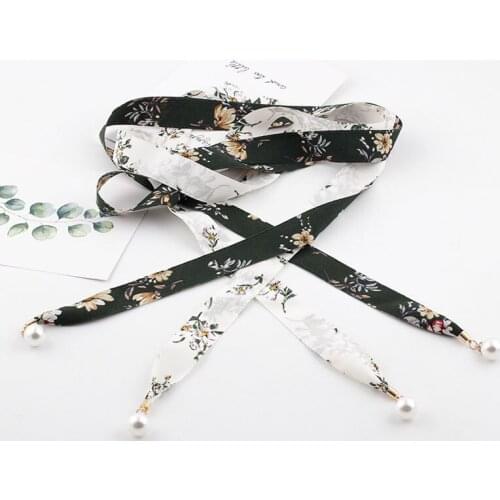 AWAYTR Female Floral Silk Scarf Knotted Cloth Belt Pearl Pendant Fine Chiffon Ribbon Dress Coat Waistband Decorative Waistband