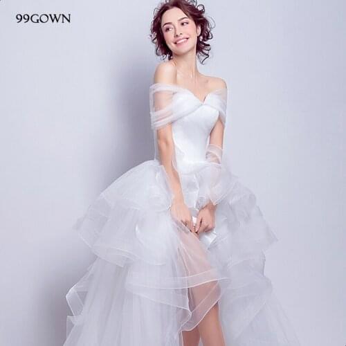 99GOWN Women Wedding Dresses Elegant Court Train V-Neck Off Shoulder Tulle Long Wedding Dress Lace-Up Wedding Gown