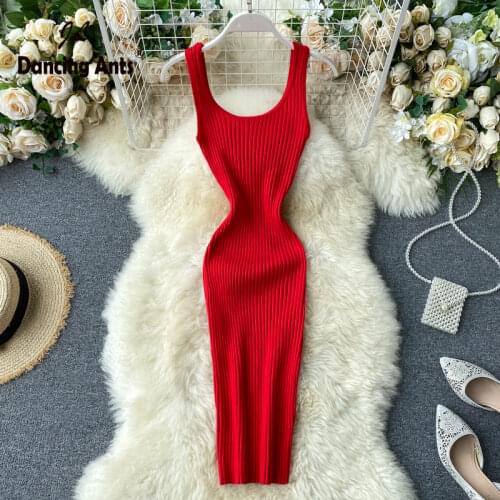 Women Pencil Dress Tank Sleeve Square Collar Bodycon Sexy Vestidos Kpop Vintage OL Elastic Knitted Female Summer Dresses 2020