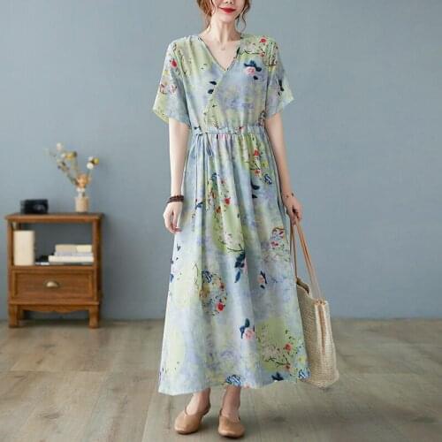 2021 New Arrival Short Sleeve Loose Summer Dress Print Floral Thin Soft Cozy Vintage Long Dress Women Travel Casual Dress