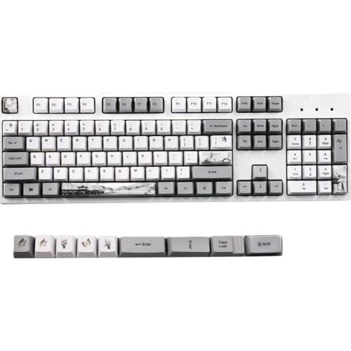 104-Key PBT Keycap Sublimation Misty Rain Jiangnan Theme 61/64/68/87/104 Mechanical Keyboard Cap with 9 Additional Keys