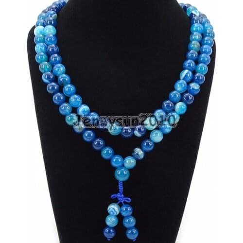 Natural Blue Stripe 10mm Gems Stone Buddhist 108 Bead Prayer Mala Long Necklace Multi-Purpose Bracelet Necklace 5Strands/Pack
