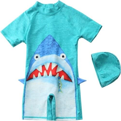 Green Baby boys one pieces swimwear summer carton shark Print Short Sleeve beach swimsuit swimming bathwear Clothes Set+Cap