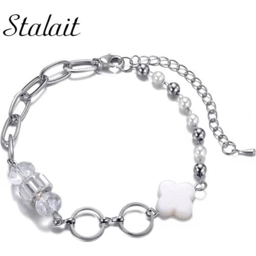 Fashion Crystal Beads Bracelets Women White Four Leaf Clover Lucky Rolo Link Bracelet Pearl Balls Chain Charms Luxury Jewelry