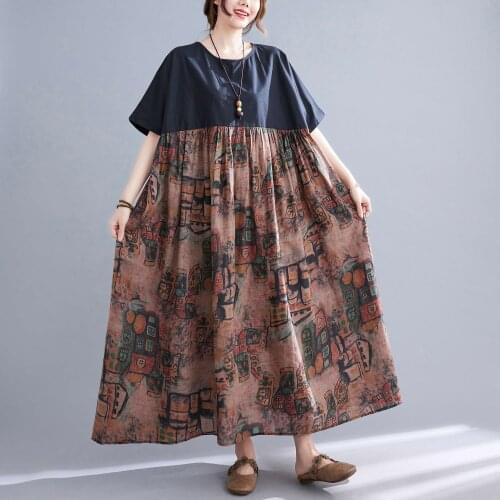 One Piece Fashion Summer Dress Vintage Splicing Floral Holiday Boho Dress Women Plus Size 4XL 5XL 6XL Cotton Linen Dress Vestido