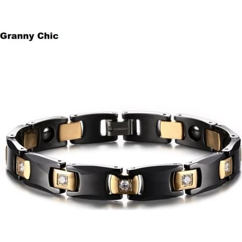 Granny Chic Mens High Quality Black Tungsten steel Gold Stainless Steel with Crystal Bracelet Good Gift 10mm8.26"