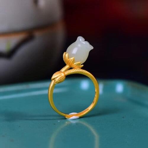 Natural hetian white jadeite jade ring unique Magnolia ring with 925 sterling silver rings 925 ring nickles women jade jewelry