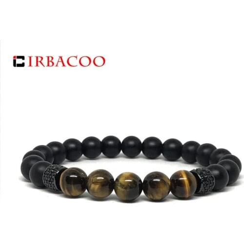 IRBACOO 2020 Brand New Fashion Men Bracelet 8mm Tiger eyes Stone Beads With Pave CZ Tubes Charm Bracelet For Men Jewelry Gift