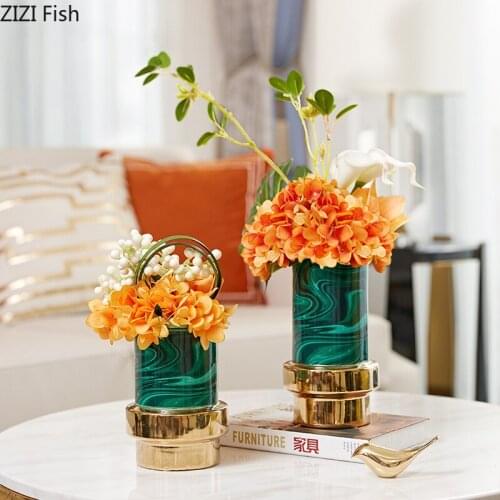 Ambilight Ceramic Vases Green Marble Texture Flower Pots Decorative Flower Arrangement Painted Flowers Vase Nordic Home Decor