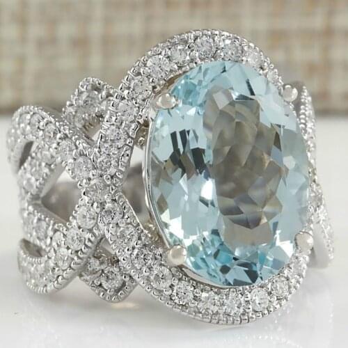 Fashion Women Light Blue Oval Cut Zircon Rings for Wedding Engagement Promise Bridal Ring Set Jewelry