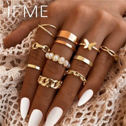 IF ME 10PCS/SET Vintage Chain Butterfly Infinity Immitation Pearl Finger Rings Set for Women Girl Geometric Knuckle Ring Jewelry