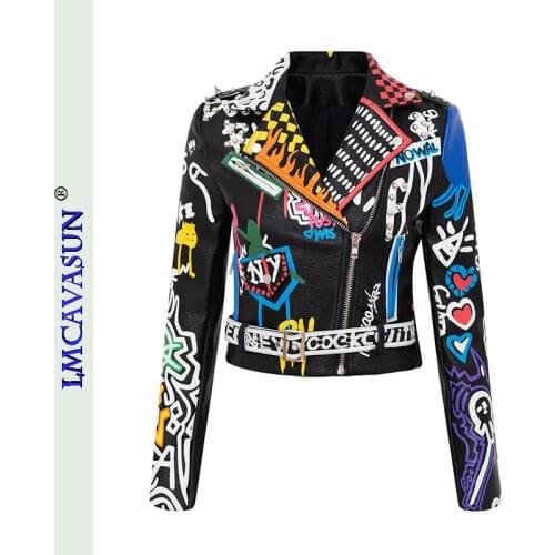 LEIMEICHEN PU Leather Jacket Women Leopard Print Graffiti Rivets Coats Punk Biker Motorcyclist Short Coat Leather Top S-3XL