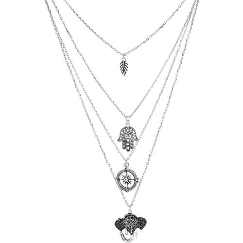 Fashion Long Tassel Chokers Multilayer Leaf Compass Hamsa Hand Elephant Lariat Bar Necklace Pendants Chain Collier Women Jewelry