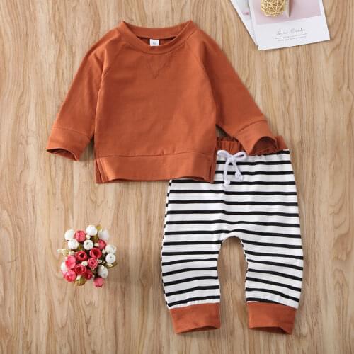 Spring Fall Baby Clothing Newborn Toddler Kids Boy Girl Long Sleeve Top T-shirt Striped Pants 2Pcs Outfit Set for 0-24Months