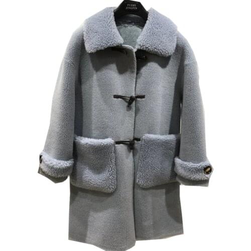 Granule sheep shearing mid-length coat 2019 new female fur one square collar patch bag anti-season lamb fur coat
