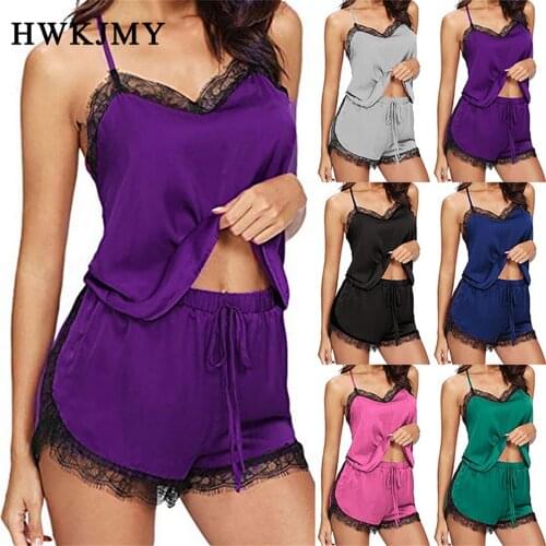 Sexy Fashion Women Lace V Neck Silk Pajamas Set Lingerie Sleeveless Nightwear Spaghetti Strap Vest + Short Pants Sleeping Wear