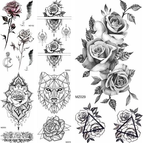 Realistic Fake Waterproof Temporary Rose Plum Lily Tattoo Stickers Women Black Tattoos flower Geometric Body Arm Art Painting