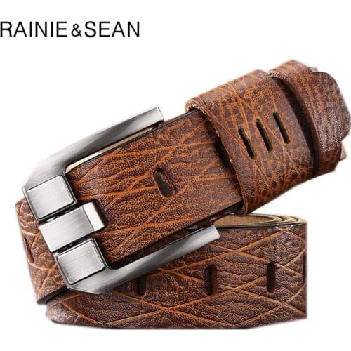 RAINIE SEAN Genuine Leather Belt Male Pin Buckle Vintage Men Casual High Quality Belt Black Brown Mens Trouser Belts