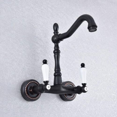 Kitchen Wet Bar Bathroom Vessel Sink Faucet Black Oil Rubbed Brass Wall Mounted Swivel Spout Mixer Tap Dual Ceramic Lever msf752