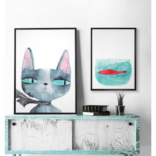 Modern Nordic Watercolor Cartoon Canvas Painting Cat Art Fish Posters and Prints Nordic Home Decor Pictures for Kids Room