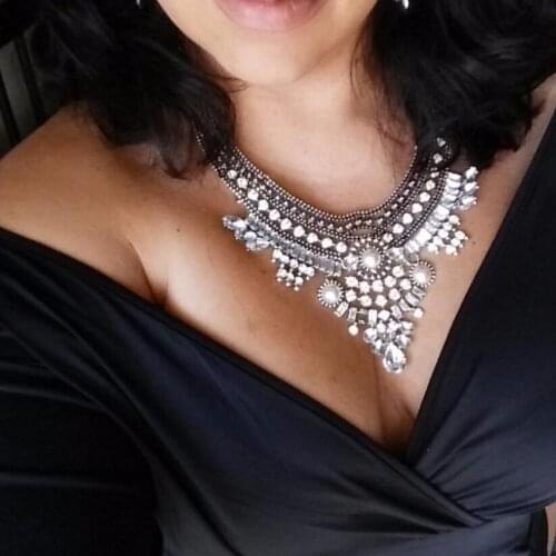 Vintage Silvered Choker Collar Necklace Pearls Beaded Crystal Statement Maxi Long Necklace Femme Layered Enthic Collar Jewelry