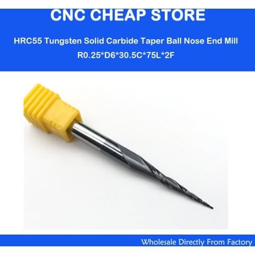 Free shipping-2PCS R0.25*D6*30.5*75L*2F HRC55 Tungsten solid carbide Coated Tapered Ball Nose End Mills taper and cone endmills