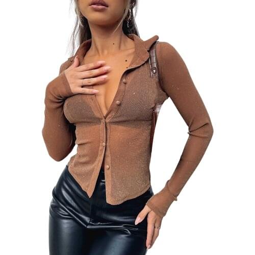 2021 Fashion Sexy See Through Lady Shirt Women Long Sleeve Turn-Down Collar Slim Fit Blouse Holiday Spring Autumn Casual Tops