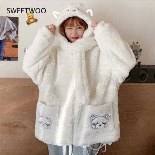 2021 Autumn and Winter Plus Velvet Thickening Cute Bear Lamb Wool All-Match Jacket Women Loose Plush Plush Hooded Wool Cardigan
