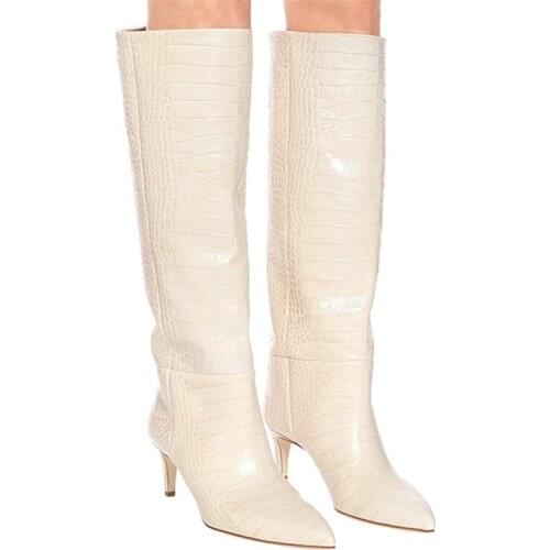 Women Pointed Toe 6 cm Kitten Heel Knee High Boots Yellow Blue Alligator Leather Slip On Long Python Boots High Heel Knight Boot