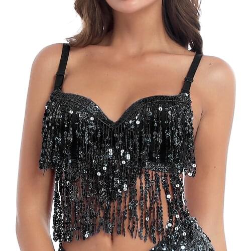 Winying Women Sexy Glitter New Latin Jazz Belly Dance Costume Pole Crop Top Bustier Sequins Shiny Tassel Underwired Pad Bra Tops
