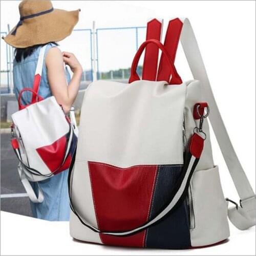Free Shipping Women Fashion Patchwork Soft Pu Leather Backpack Large Capacity Handbag Schoolbag Travel Theftproof Shoulder Bags