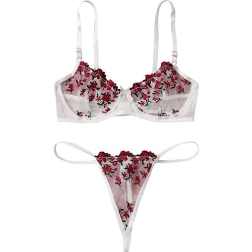Women Sexy Mesh Lingerie Set Floral Embroidery See Through Bra + Elastic Waist Panties Summer Sexy Bandage Set Erotic Briefs Set