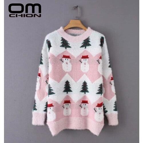 OMCHION 2021 Autumn Knited Tops Women Sweaters Winter Christmas Tree Snowman Soft Lmitation Mink Jumper Female Pullover LMM01