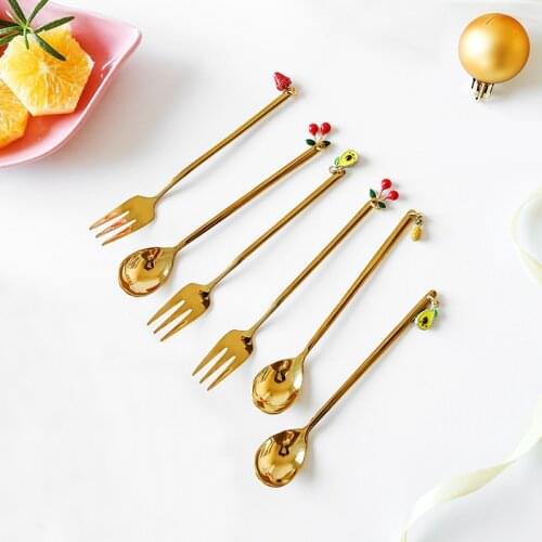 1Pcs Multi Purpose Nordic Style Cartoon Pattern Coffee Dessert Spoons Fruit Fork Spoon Gold Multi Purpose Kitchen Accessories