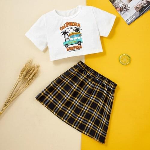 Baby Summer Clothing Infant Kid Cartoon Tee Shirt Tops Check Plaid Skirt 2Pcs Clothes Set Toddler Girl Outfit
