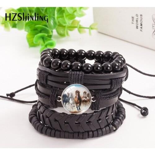 2021 New Arrival Multilayer Weave Leather Bracelet Running Horse Pattern Lace up Glass Cabochon Jewelry Wrist Jewelry