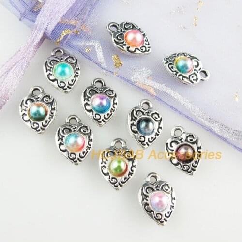 30Pcs Tibetan Silver Tone Heart Mixed Acrylic Flower Charms Pendants 9x13mm
