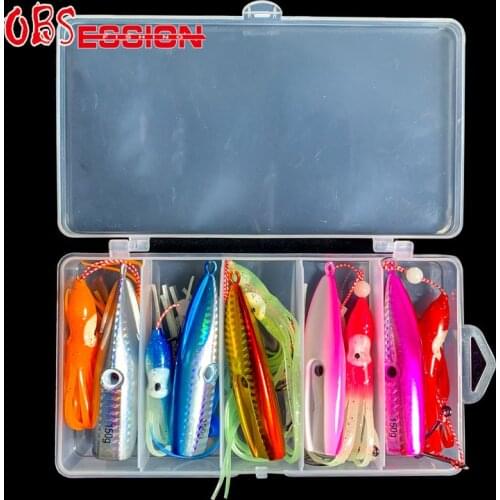 OBSESSION 5pcs 80g 100g 120g 150g Inchiku Jig Lure Box Set Hard Metal Jig Lure Tai Rubbers Kabura Slider Jig With Assist Hooks