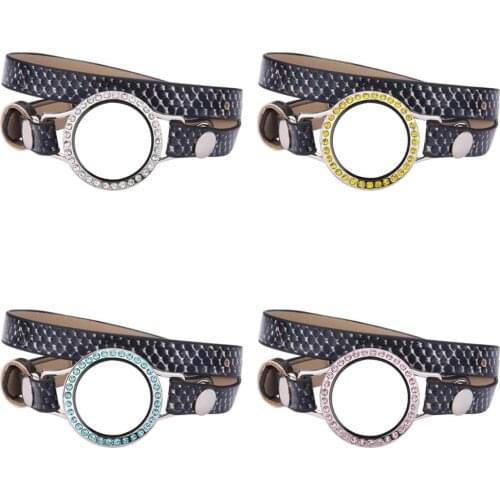 5pcs/lot 30mm Different color crystals Glass Locket 37CM Snake black Double Wrap PU Leather Bracelet Wristband With 50pcs Charms