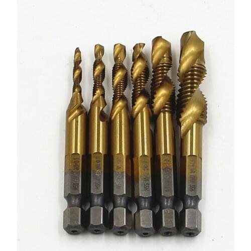 6pc/set Tap Hex Shank HSS 6542 Screw Spiral Point Thread Metric Plug Drill Bits M3 M4 M5 M6 M8 M10 Combination 1/4 Inch Hex