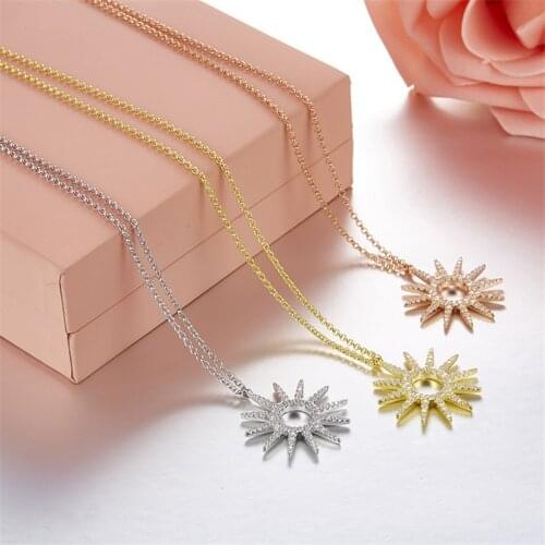 SLJELY High Quality S925 Sterling Silver Yellow Gold Color Sun Pendant Necklace Micro Cubic Zirconia Stones Women Luxury Jewelry