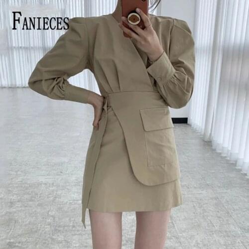 FANIECES Elegant Solid Puff Sleeve Mini Dress Women Criss-cross Lace Up Irregular A-line Dresses Autumn Chic Minimalist Vestidos