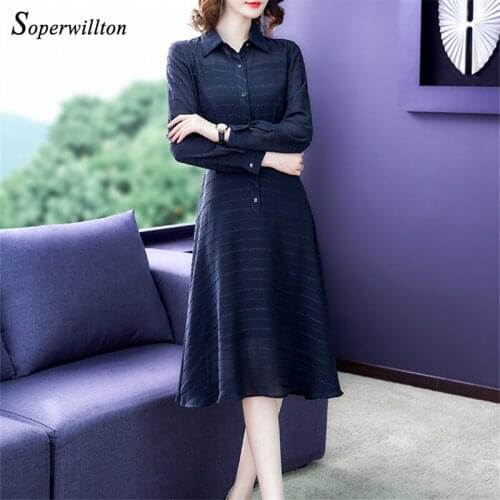 Elegant Striped Woman Dress Full Sleeve 2020 Autumn Office Lady Wear vestido de mujer Dark Blue Long dresses for women