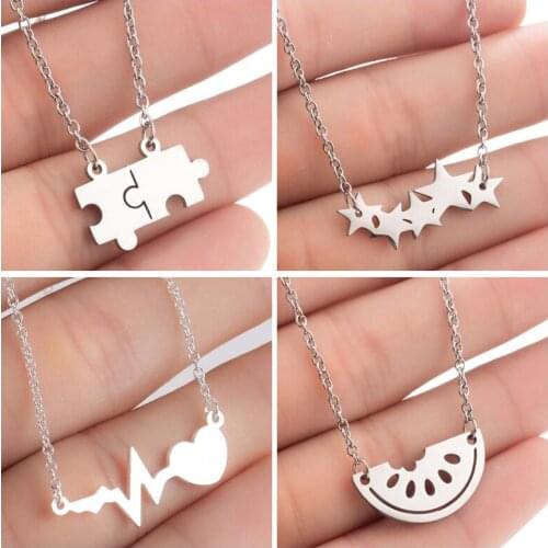 Hfarich Stainless Steel Chain Necklace Women Puzzle Star Heartbeat Watermelon Pendants Necklaces Choker Female
