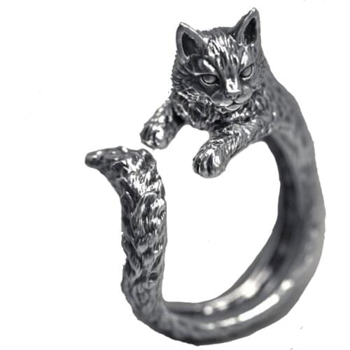 Retro Fortune Cat Shape Women Opening Rings Black Silver Color Dance Party Finger Ring Delicate Girl Jewelry Gift Wholesale