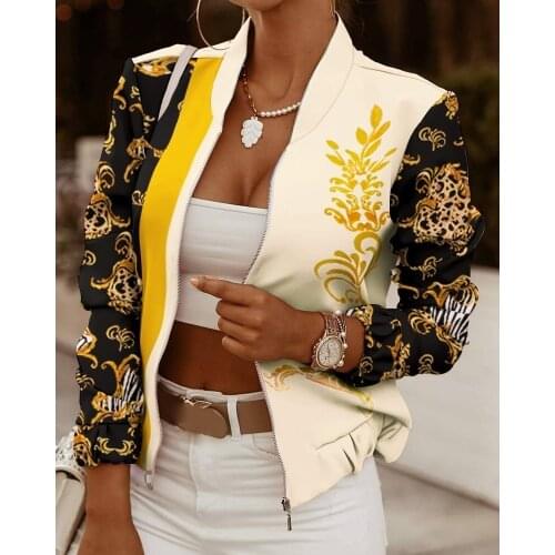 Suit Women Spring Autumn Thin Jackets Tops Vintage Printing Long Sleeve Zipper Jacket Coat Casual Outerwear Short Jackets suit