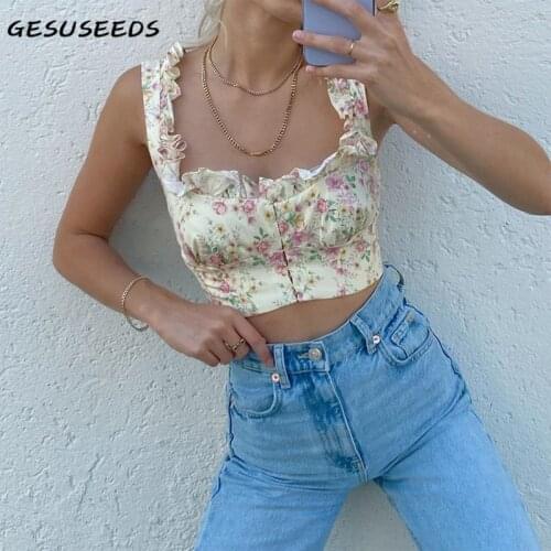 Summer sexy tank top women korean floral tops vintage square neck top kawaii ruffle tops sleeveless fashion cropped top beige