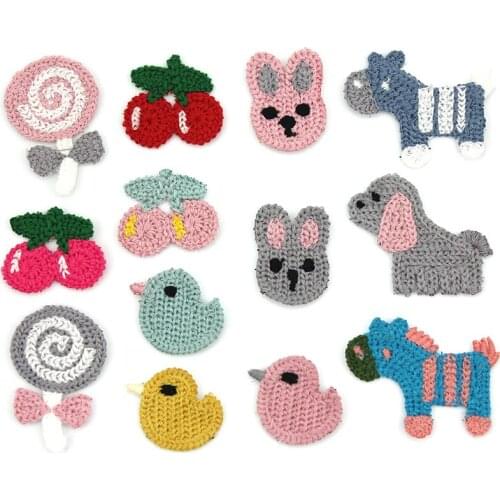 24Pcs Mixed Cartoon Horse&Lollipop&Bird&Cherry&Bunny Woolen yarn Sew on patches Handmade Appliques Headwear Accessories