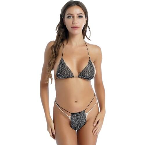 Fashion Women Micro Bikini Set Shiny Rhinestone Lingerie Suit Hollow Out Underwear Swimwear Halter Bra Tops with G-string Thongs